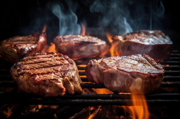 Steaks cuits sur un gril avec des flammes AI génératives