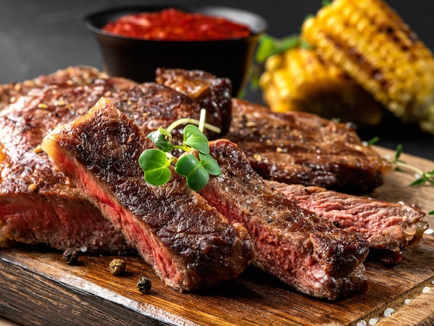 Steaks épicés frits tranchés avec des herbes sur planche de bois sauce rouge au maïs grillé dans un petit bol sombre sur fond noir Gros plan Vue latérale