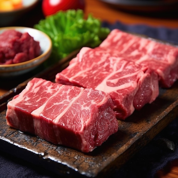 Steaks de filet de bœuf cru sur une planche de bois