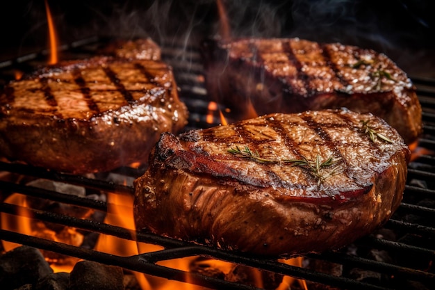 Steaks sur un gril avec un feu en arrière-plan