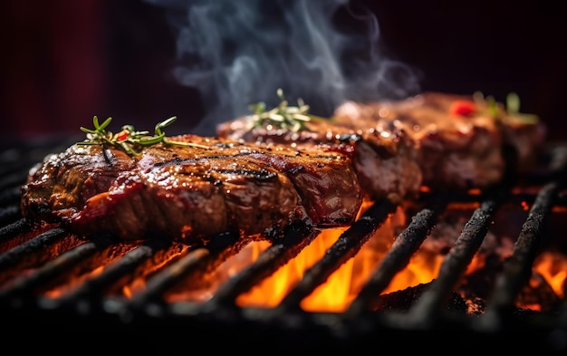 Steaks sur un gril avec un feu en arrière-plan