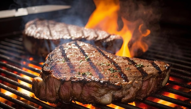 Steaks sur le gril avec des flammes en arrière-plan