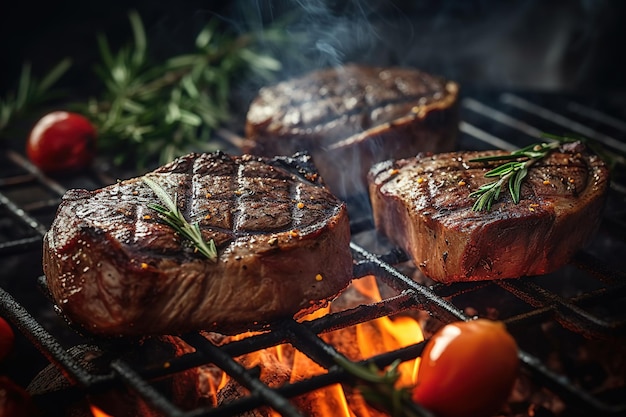 Steaks sur le gril avec une tomate sur le gril