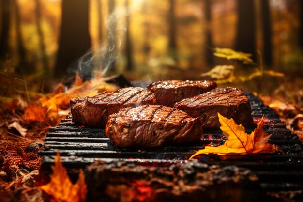 Steaks grillés sur un barbecue dans la forêt d'automne