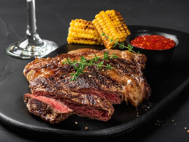 Steaks juteux épicés frits tranchés avec des herbes sur une sauce rouge au maïs grillé à bord sombre et verre sur fond noir Gros plan Vue latérale