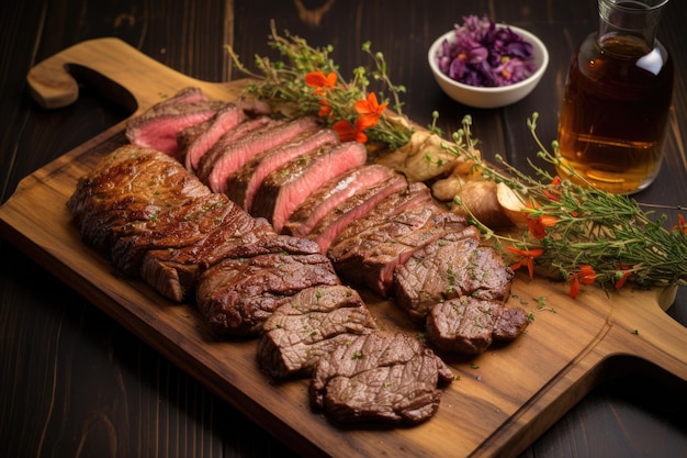 Steaks marinés disposés sur une planche