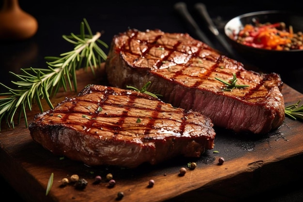 Steaks sur une planche de bois avec un bol de tomates et d'herbes.