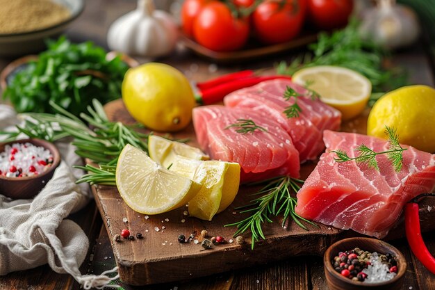 Steaks de poisson cru avec des ingrédients