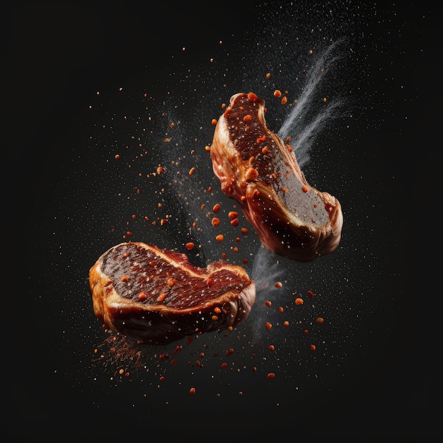 Des steaks de porc ou de boeuf grillés avec du piment et du sel tombent sur fond noir ai généré