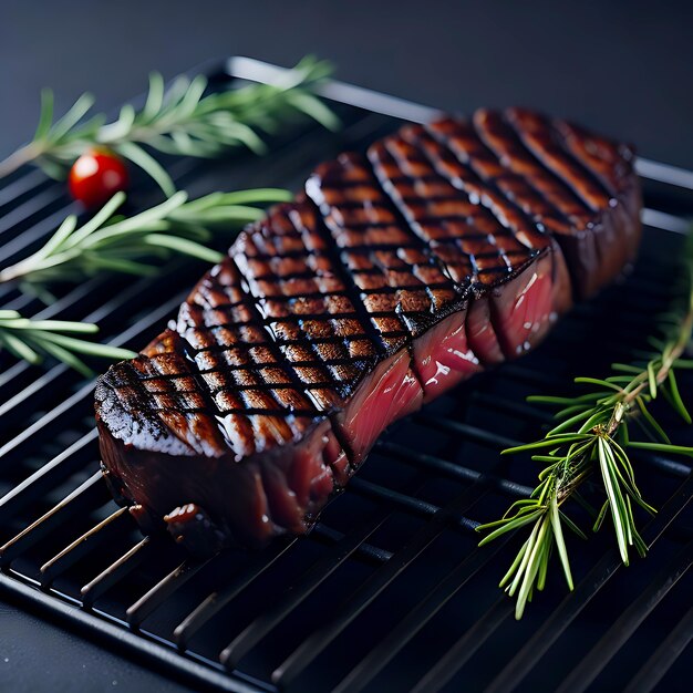 Steaks de porc ou de bœuf grillés avec du romarin sur le barbecue