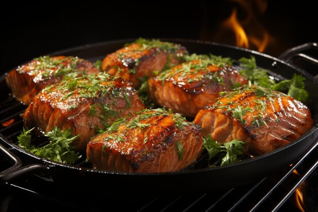 Steaks de saumon grillés dans une casserole en fonte