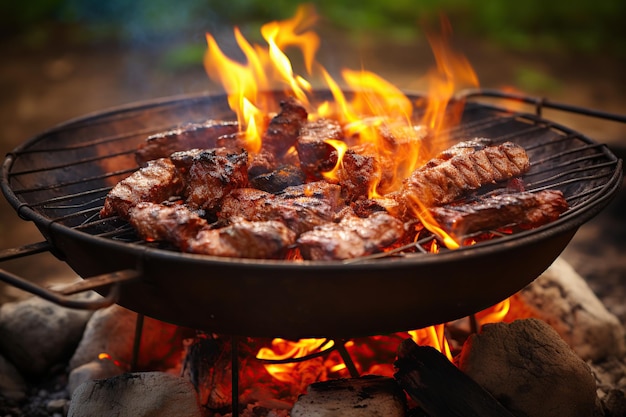Steaks savoureux sur brasero avec flammes