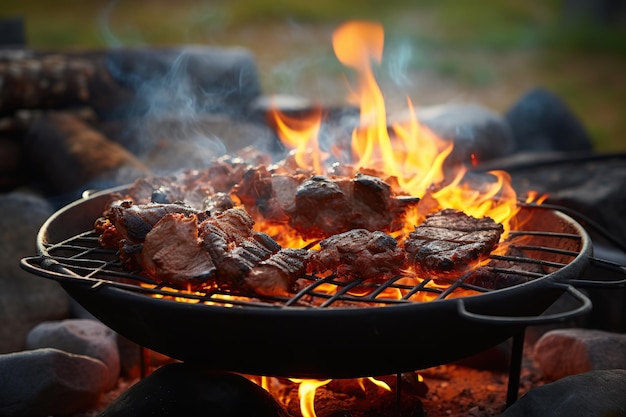 Steaks savoureux sur brasero avec flammes