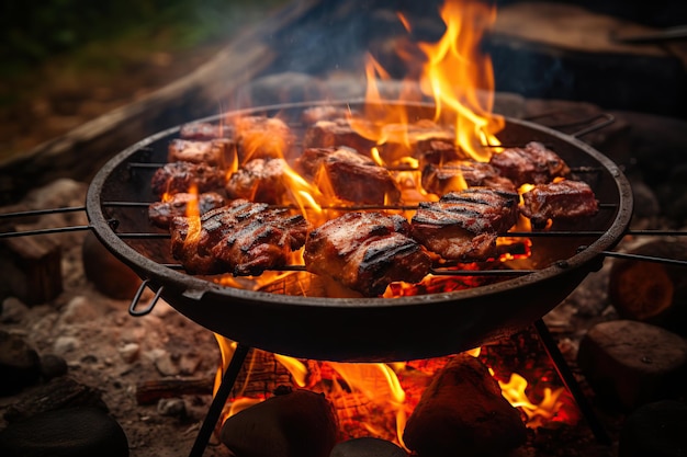 Steaks savoureux sur brasero avec flammes