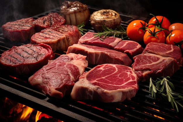 Steaks de viande crue au romarin et légumes sur le gril