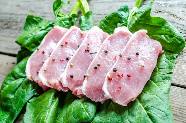 Steaks de viande crue sur des feuilles d'épinards