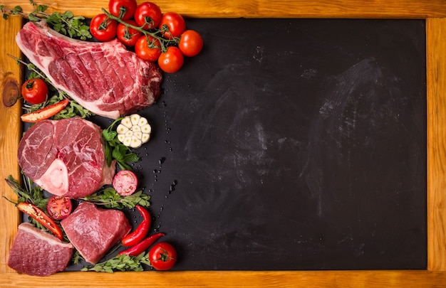 Steaks de viande juteuse crue sur un fond de tableau noir avec cadre en bois.