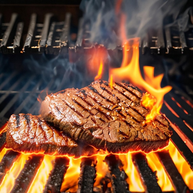 Steaks de viande trop cuits en flammes sur le gril 45622