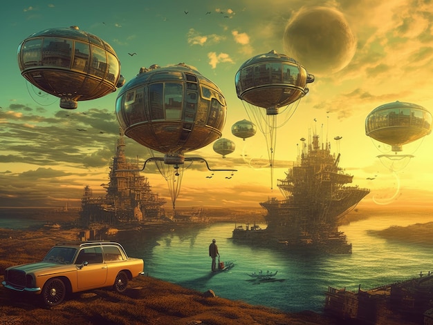 Steampunk fantasy illustration art paysage pastel carrés nuages lévitation scène de jeu futuriste