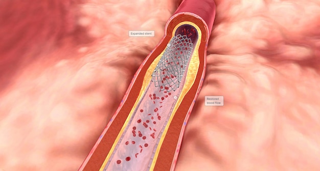 Le stent expansé restaure le flux sanguin et restera dans l'artère après la procédure de pose de stent coronaire