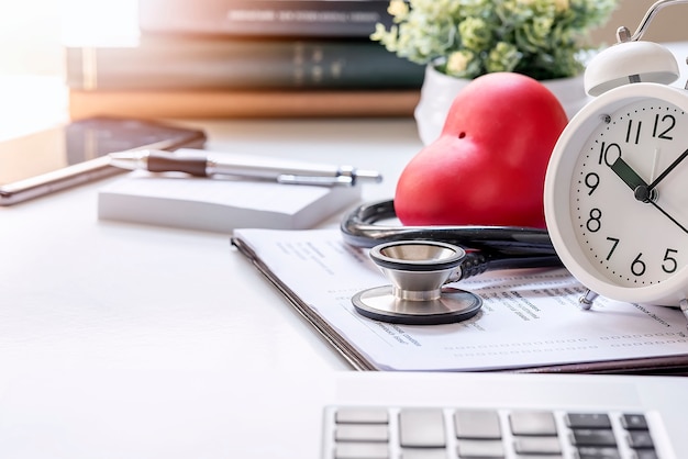 Stéthoscope sur le bureau de médecins avec ordinateur portable et fournitures