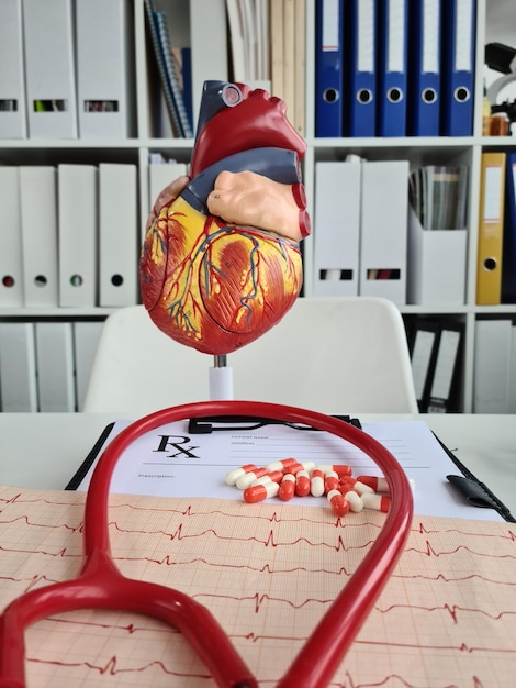 Stéthoscope sur électrocardiogramme avec gros plan de pilule capsule