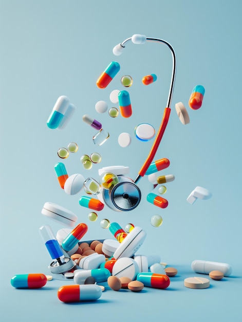 Un stéthoscope entouré de nombreuses pilules et capsules