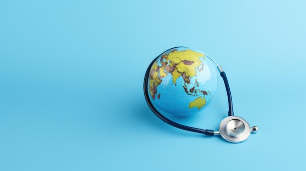 Photo stéthoscope médical et globe terrestre pour le concept de la journée mondiale de la santé sur fond bleu généré par l'ia