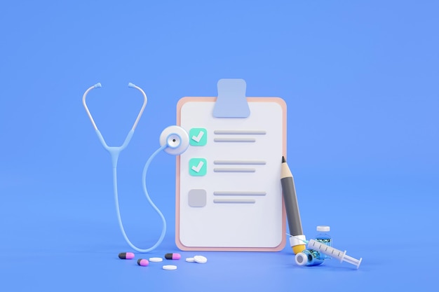 Stéthoscope et notes sur le concept de bilan de santé fond bleu