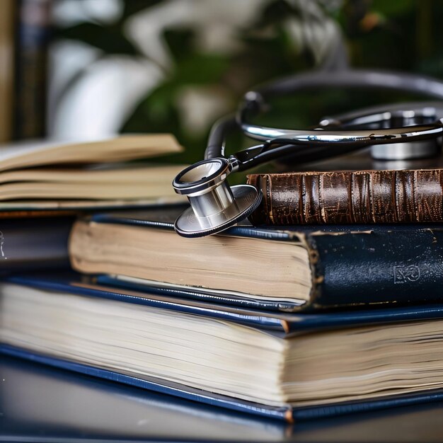 Photo stéthoscope sur une pile de vieux livres