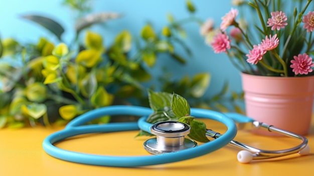 Photo stéthoscope sur table près de l'ia générative des plantes en pot