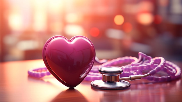 Stéthoscope violet avec concept de soins médicaux coeur rouge