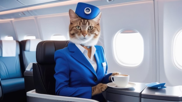 Photo steward chat dans un costume bleu et un chapeau dans l'avion boit du café contre le fond du hublot à la table temps libre concept de vacances voyages dans un pays chaud voyage en avion