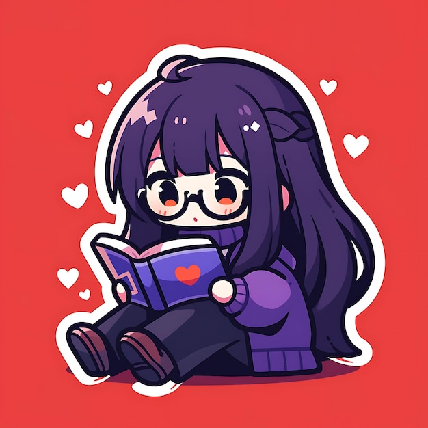 Sticker Anime Girl Cute Chubby Cartoon avec un vecteur audacieux un design de ligne audacieux avec une posture différentielle