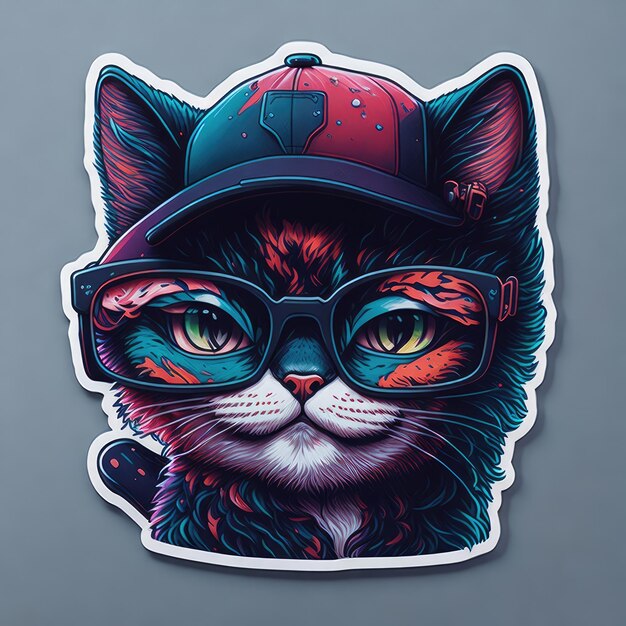 STICKER Une illustration détaillée une impression d'un chat qui cligne des yeux avec des lunettes