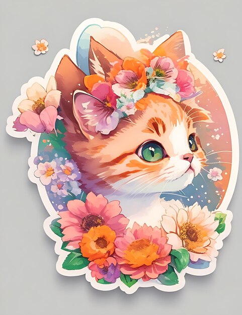 STICKER Une illustration détaillée une impression de fleurs de fantaisie de tête de chaton mignon et vif Design de T-shirt