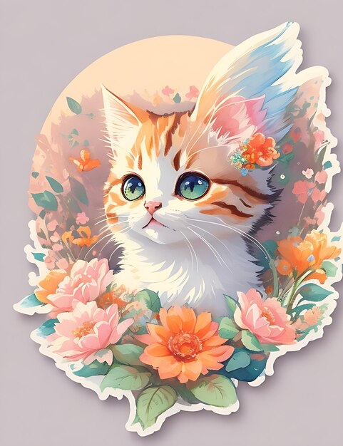 STICKER Une illustration détaillée une impression de fleurs de fantaisie de tête de chaton mignon et vif Design de T-shirt