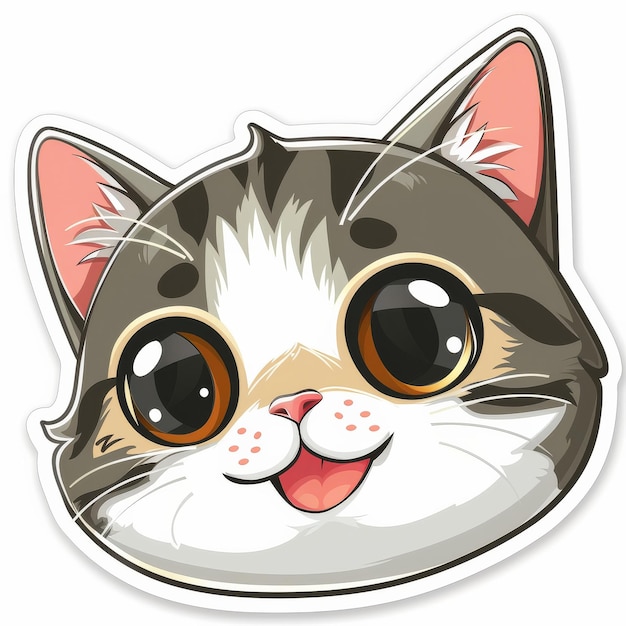 Photo sticker sourire et portrait de chat de dessin animé isolé sur fond blanc pour l'expression graphique de l'animal
