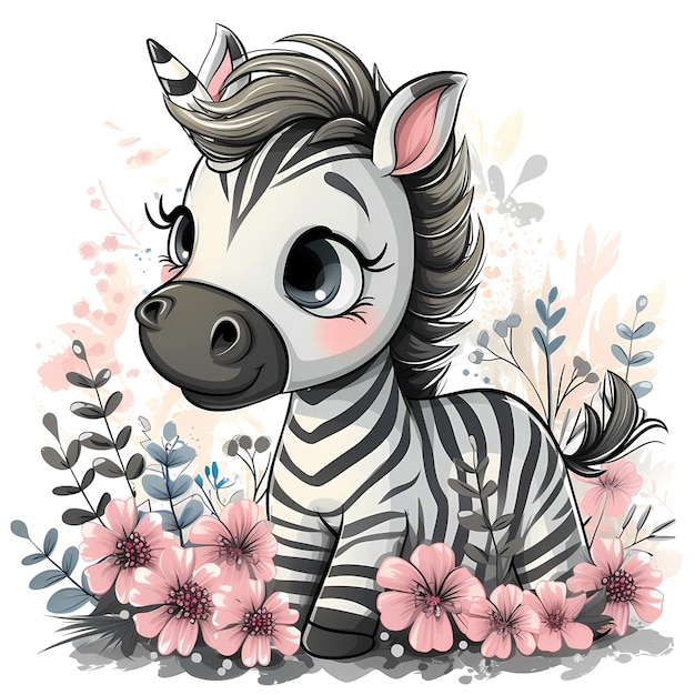 Sticker zèbre dans des fleurs et des herbes personnage de bébé mignon avec des fleurs de printemps safari de dessin animé isolé