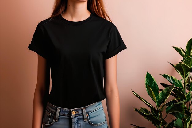 Stile photo plat Femme en T-shirt noir plain mockup scène centrale Contraste vif avec le fond