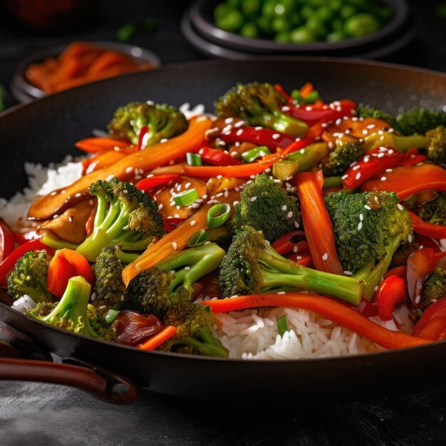 un stir-fry de légumes dans un wok avec des carottes de brocoli et des poivrons