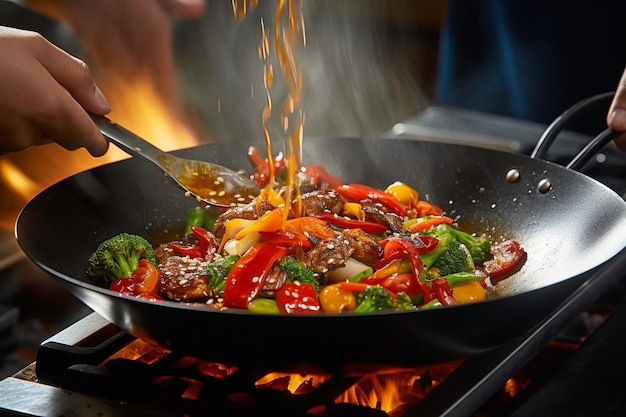 Stirfry en train d'être plaqué avec des garnitures artistiques