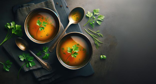 Stoc de bouillon d'os ou bouillon sur fond sombre vue de haut