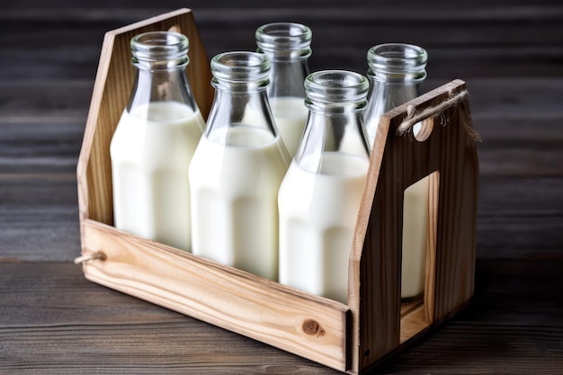 stock photo d'une bouteille de lait dans le panier en bois photographie professionnelle