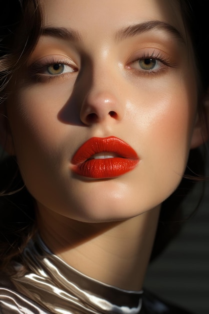 Stock photo close up macro d'une fille aux cheveux brun foncé et rouge à lèvres rouge