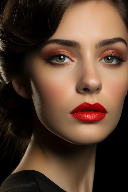 Stock photo close up macro d'une fille aux cheveux brun foncé et rouge à lèvres rouge