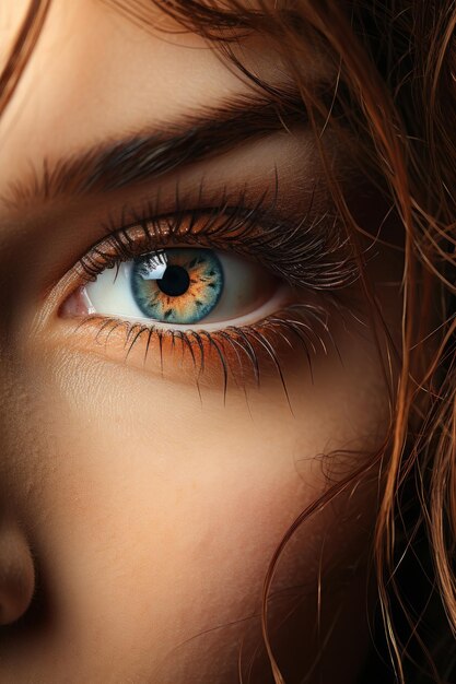 Stock photo close up macro d'une jeune femme aux cheveux longs et aux yeux bleus