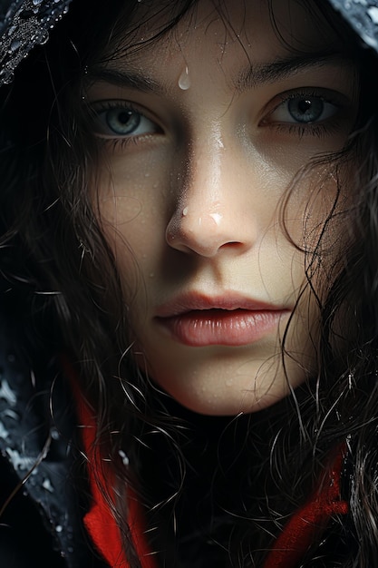 Stock photo close up macro d'une longue fille aux cheveux noirs avec des taches de rousseur et rouge à lèvres