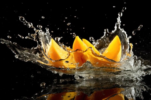 Stock photo d'éclaboussures d'eau avec des tranches de mangue Photographie alimentaire isolé