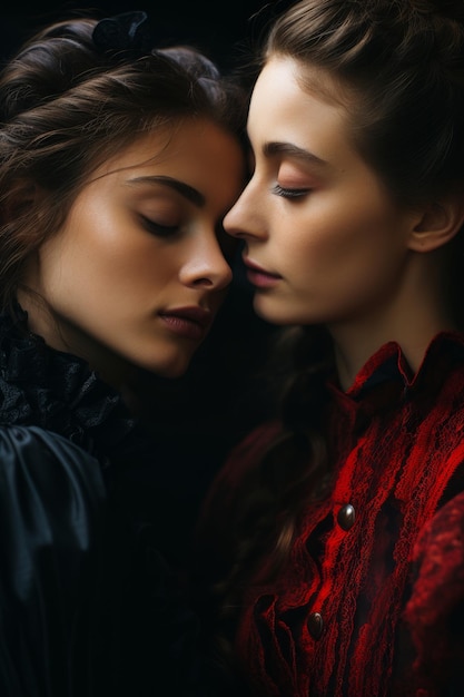 Stock photo gros plan macro de la robe noire et rouge d'une femme qui chevauche une autre fille